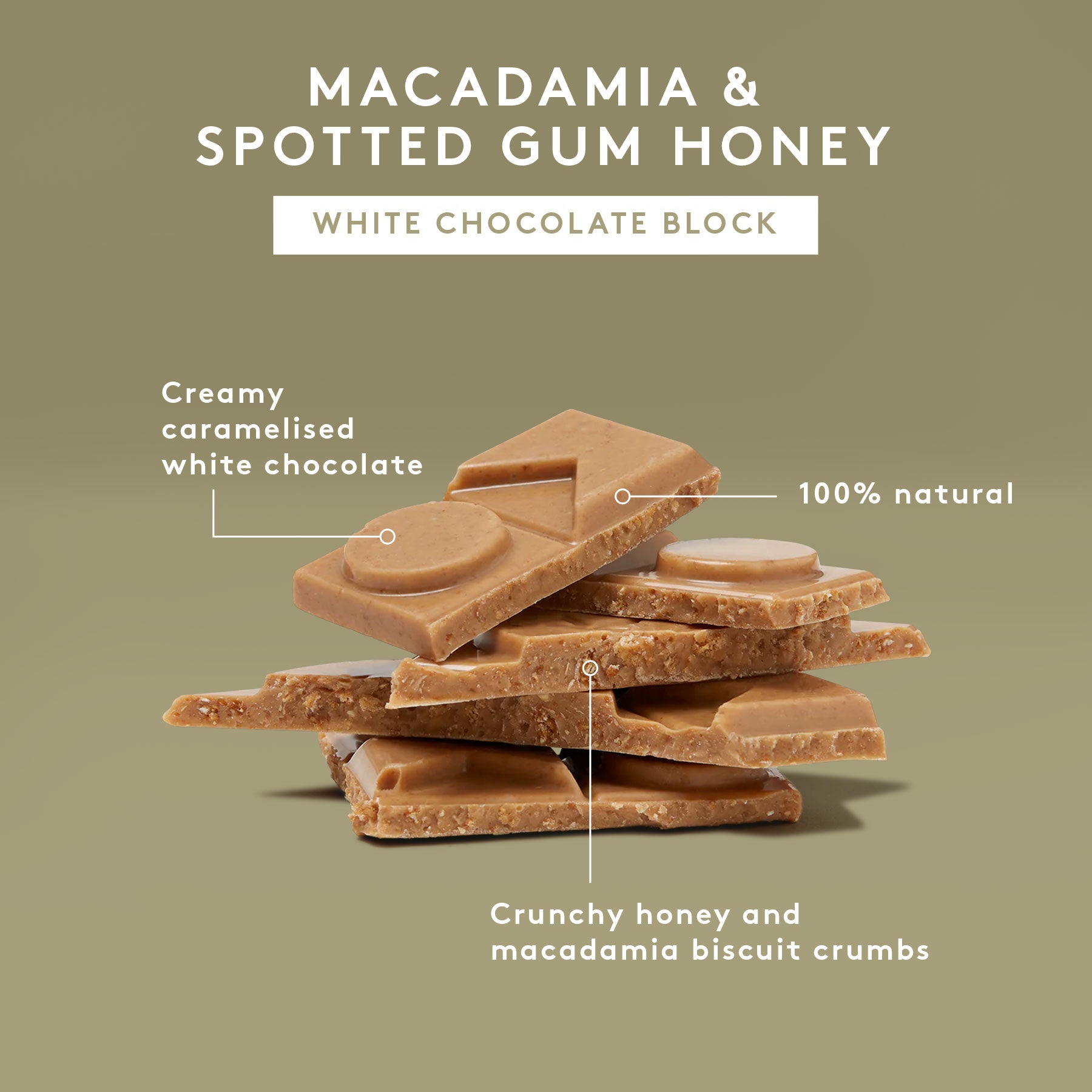 Macadamia & Spotted Gum Honey 80g | Caramelised White Chocolate Block