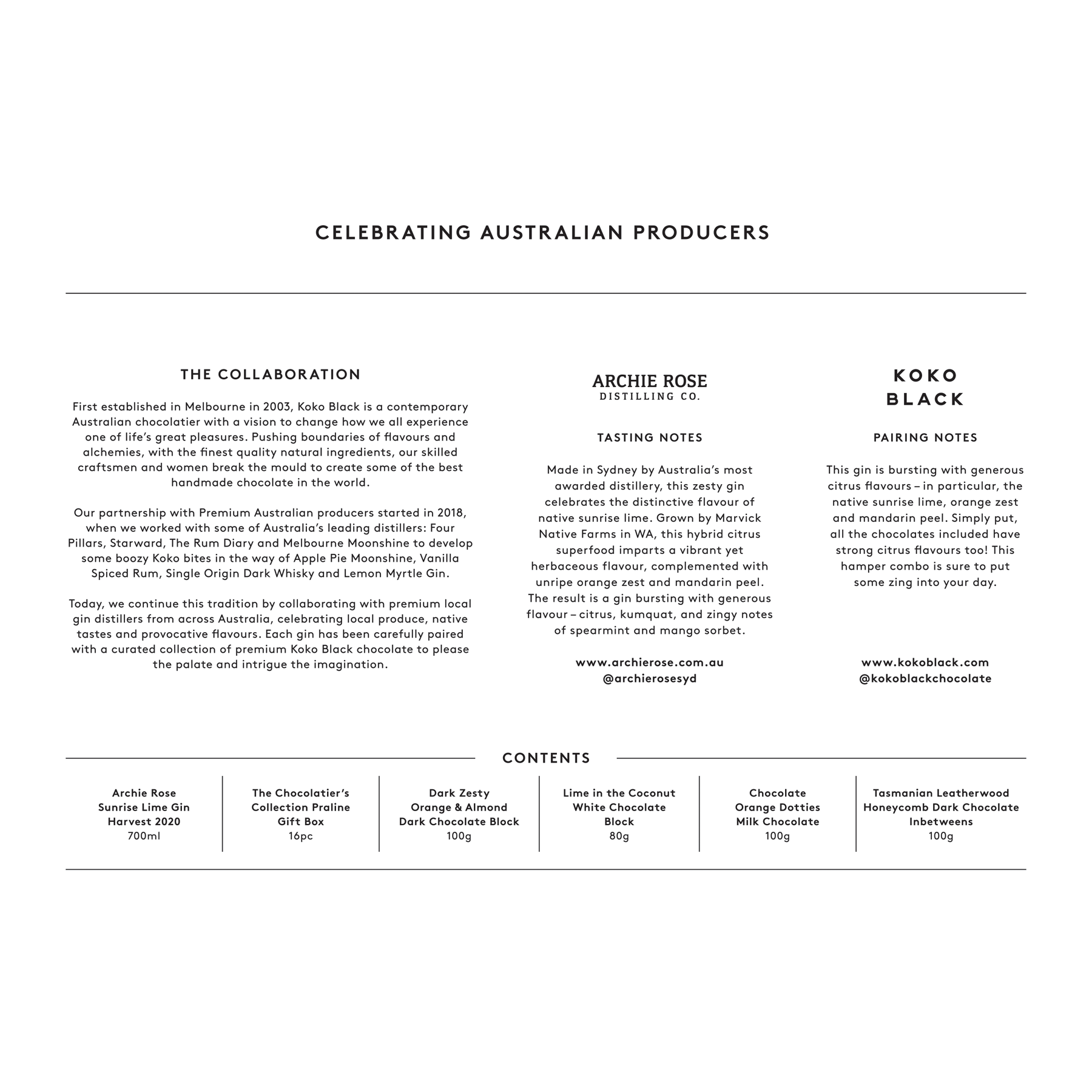 Archie Rose x Koko Black Hamper Tasting Notes Card