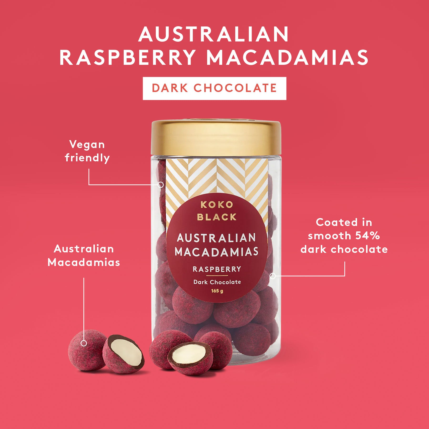 Raspberry Macadamias 165g | Dark Chocolate