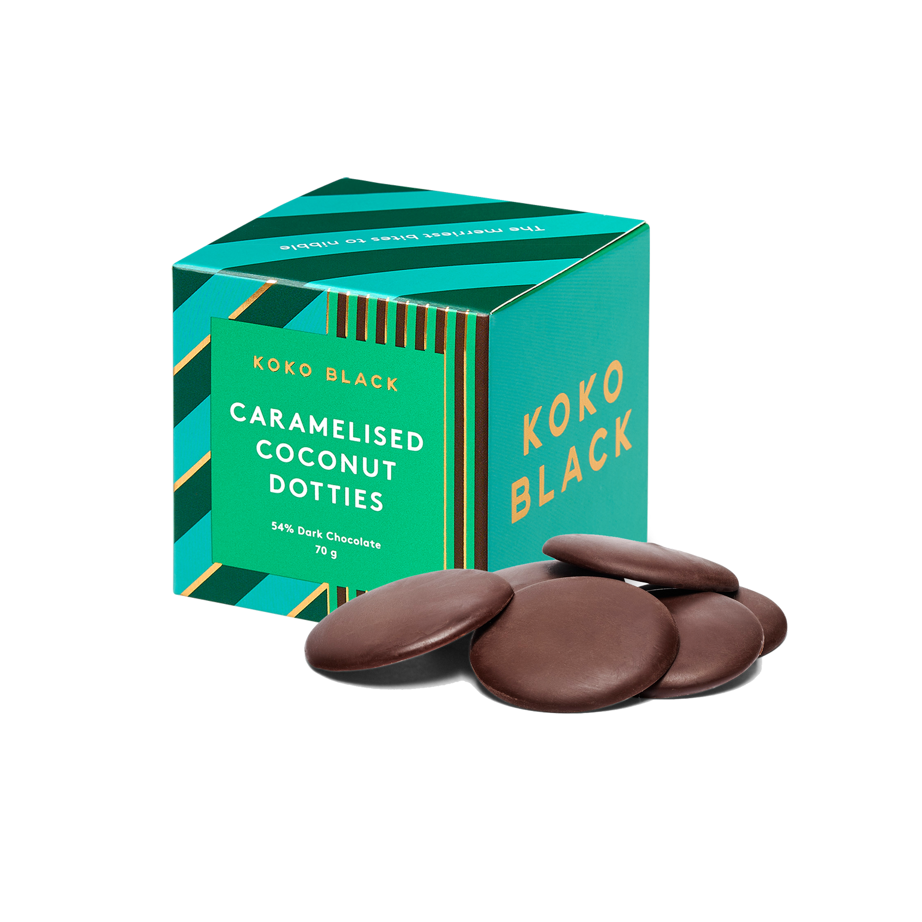 Caramelised Coconut Dotties Cube | Dark Chocolate