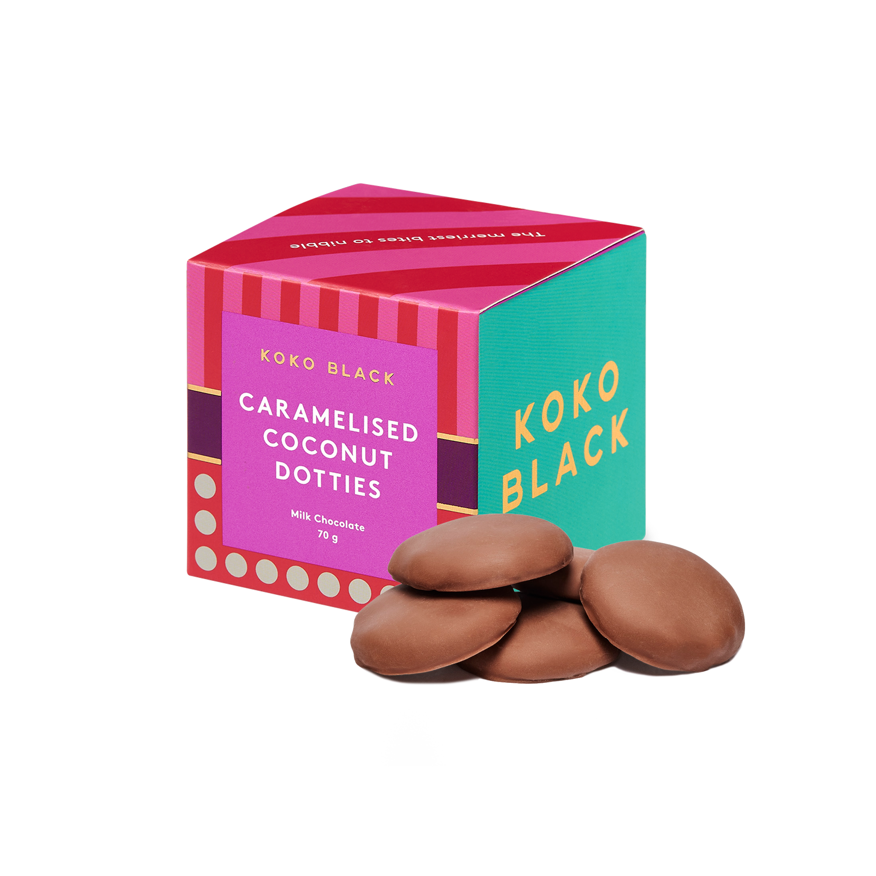 Caramelised Coconut Dotties Cube | Milk Chocolate