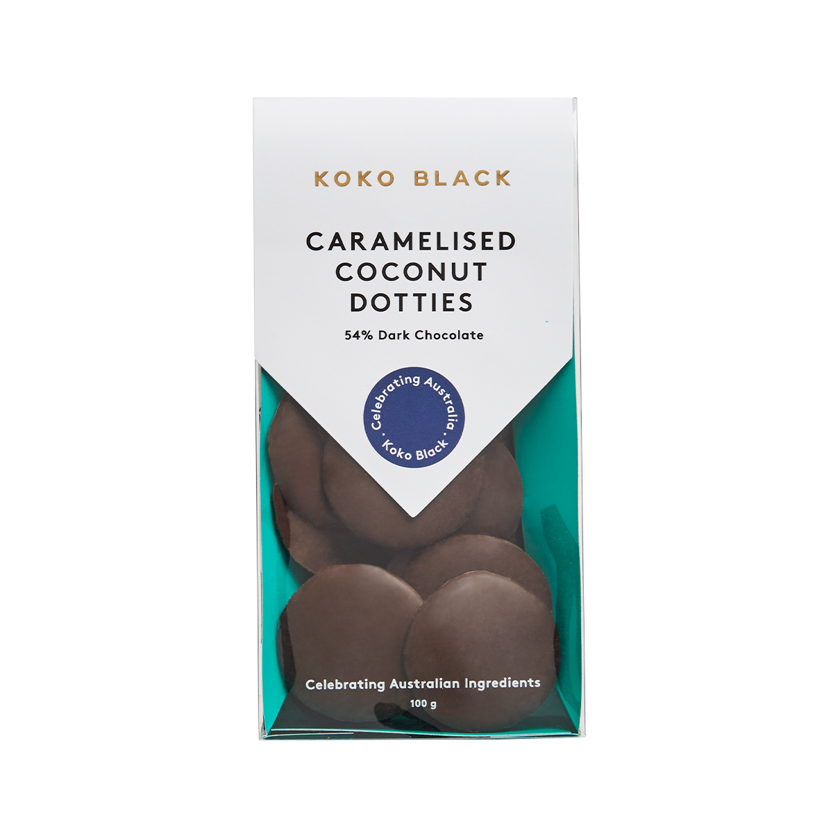 Caramelised Coconut Dotties 100g | Dark Chocolate