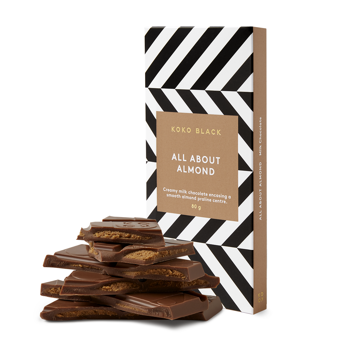 Broken chocolate with almond filling next to block