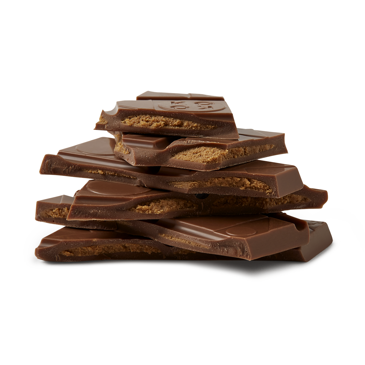 Chocolate pieces with almond filling stacked together