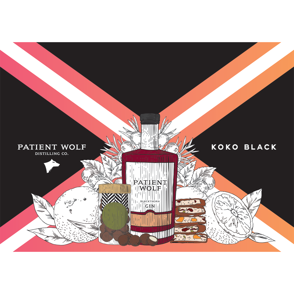 Illustration of gin bottle with chocolate macadamias and fruit in background