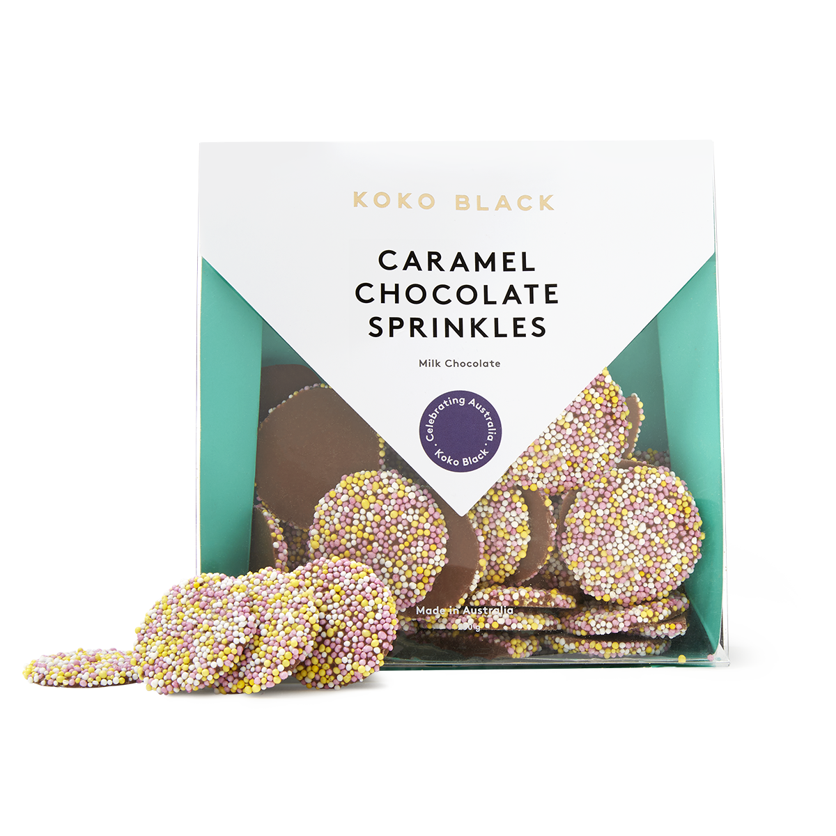 Chocolate rounds in front of packaging