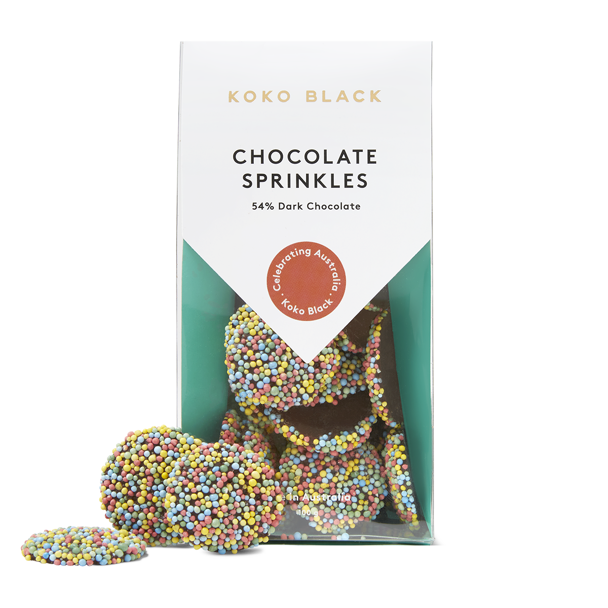 Sprinkled chocolate rounds beside packaging