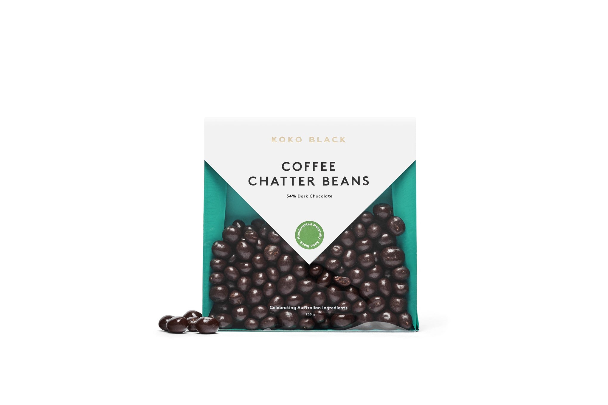 Chocolate beans beside packaging