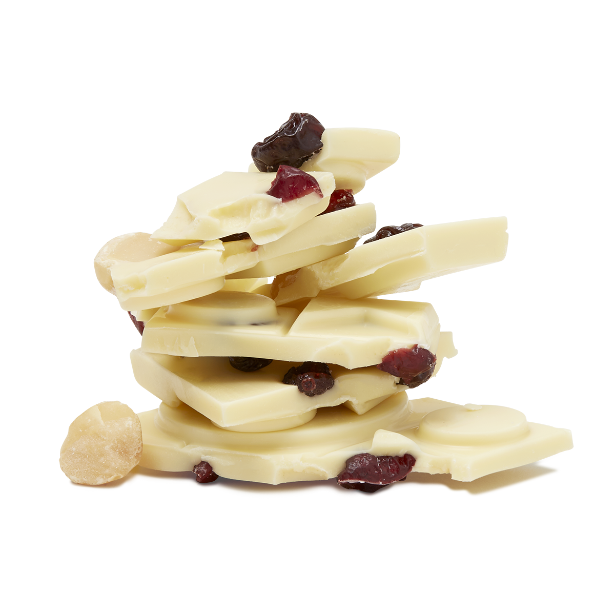 Broken white chocolate pieces stacked with dried fruit inside