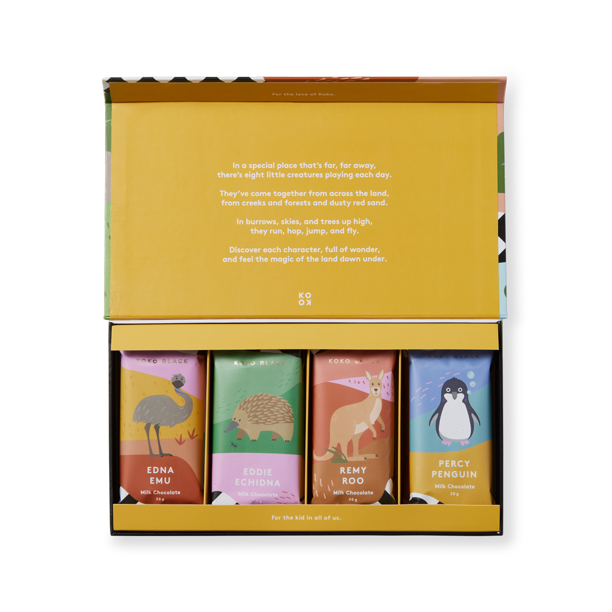 A box of Koko Australian Critters Collection chocolates, featuring various animal character designs on each bar, displayed in front of a yellow background with product information.