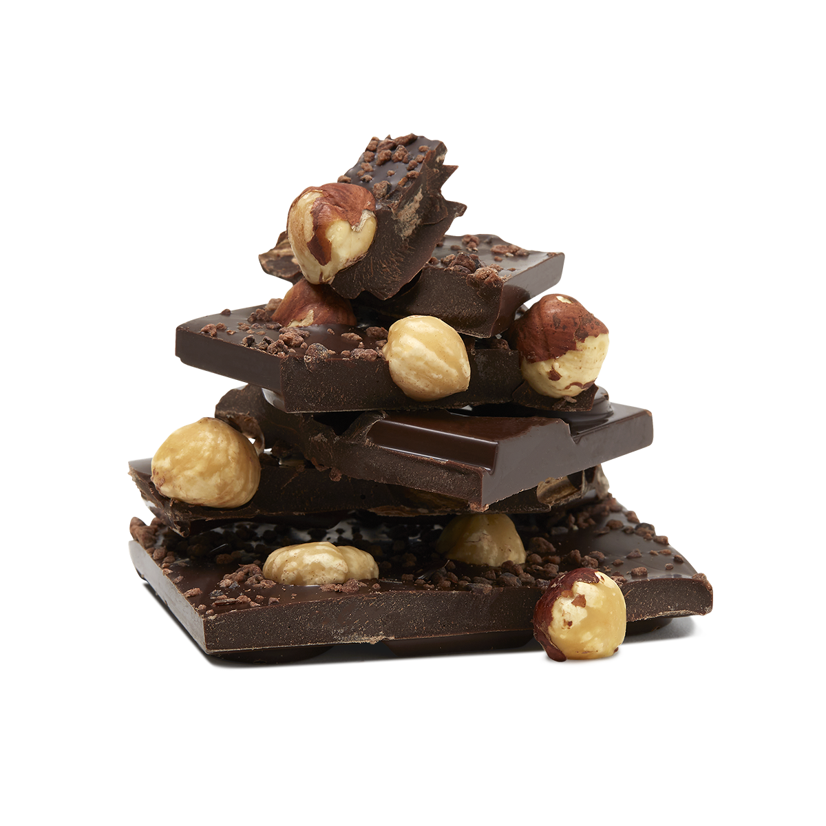 Broken chocolate pieces with hazelnut stacked together