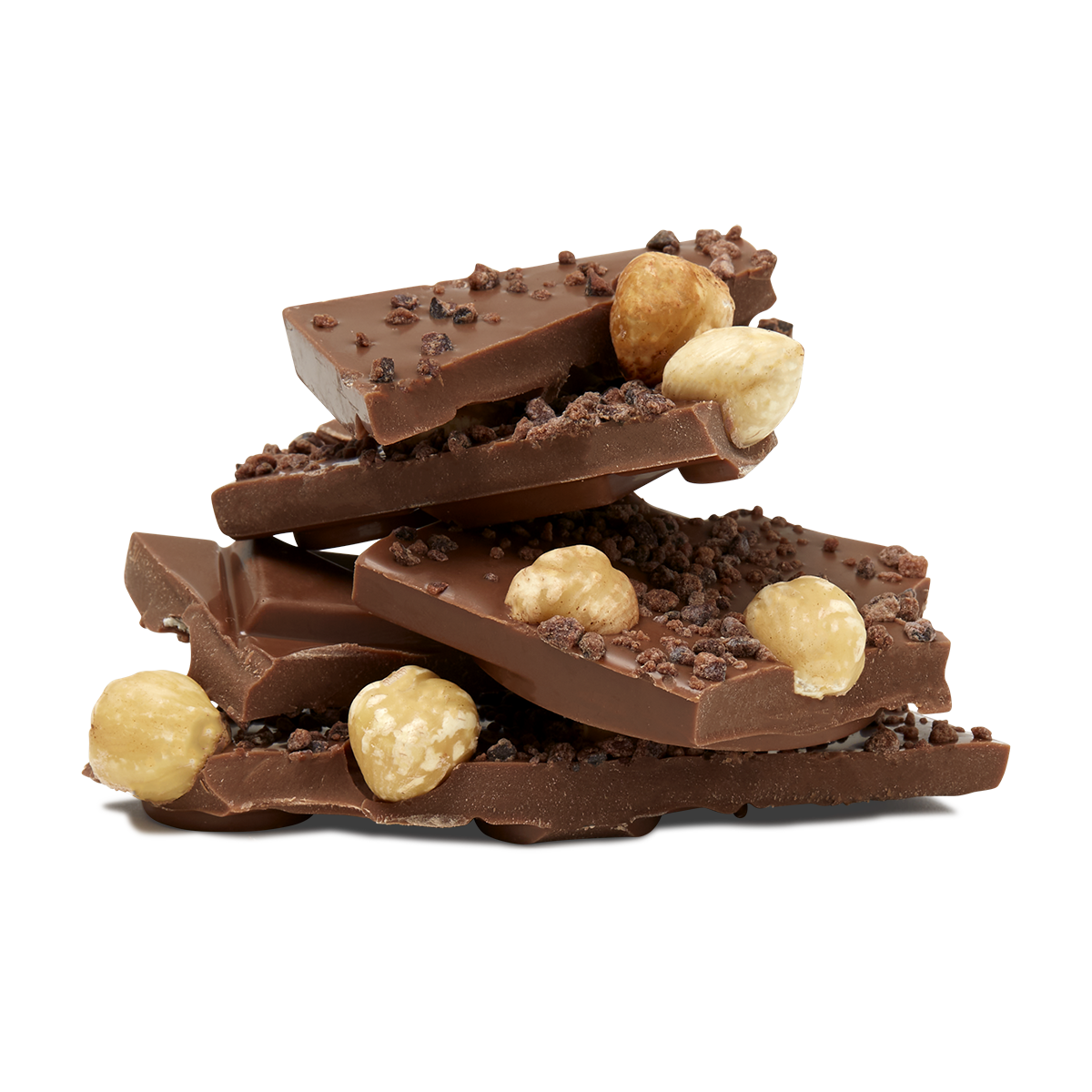 Broken chocolate pieces with hazelnut stacked together