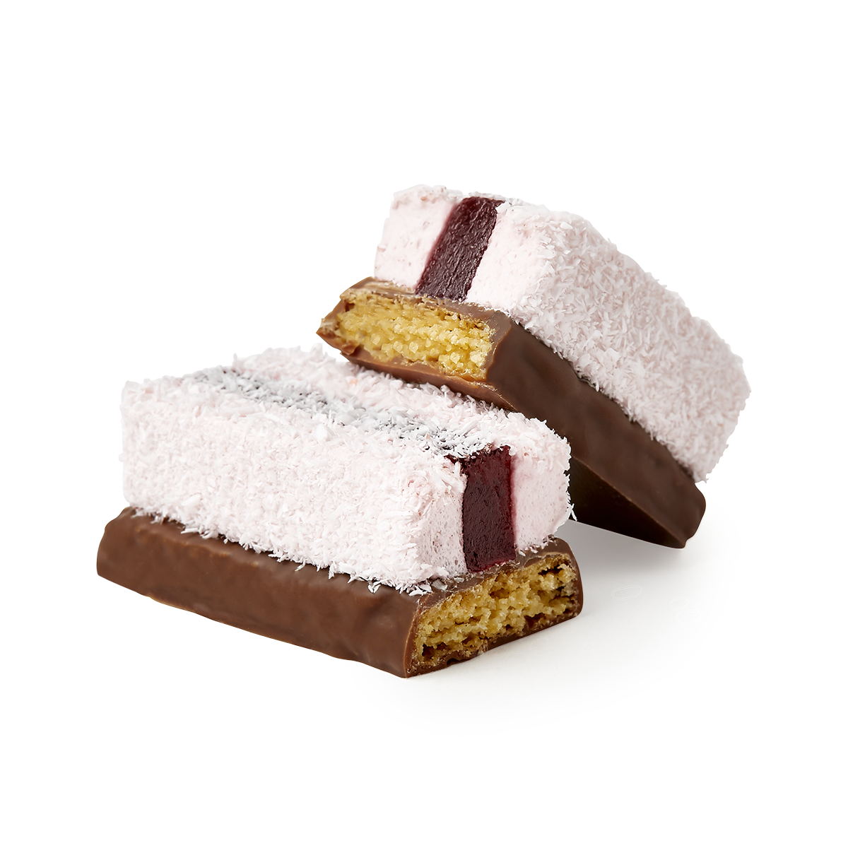 Cross section of chocolate slice showing biscuit, jelly and coconut layers