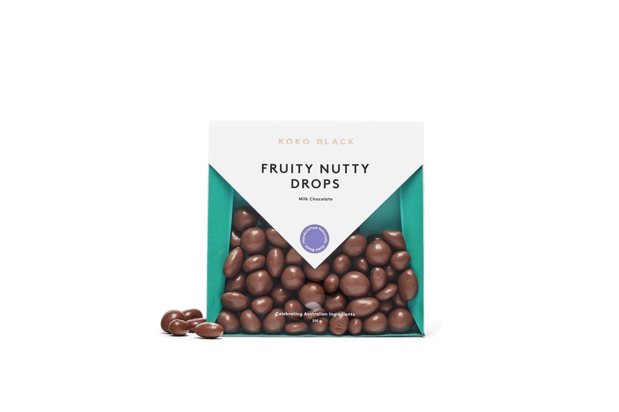 Chocolate drops beside packaging