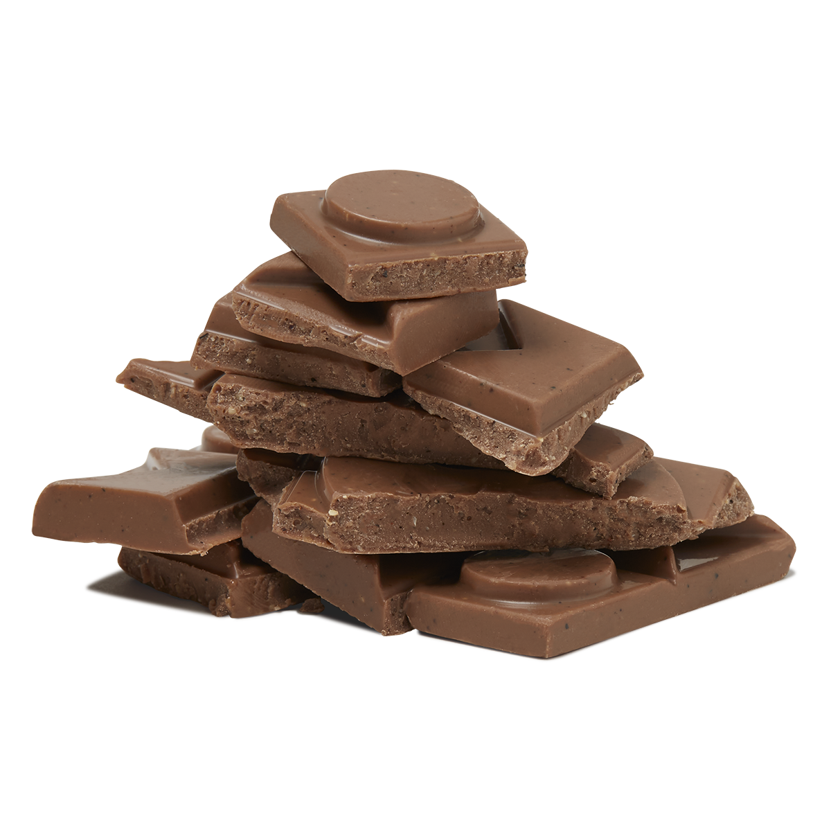 Broken chocolate pieces stacked together