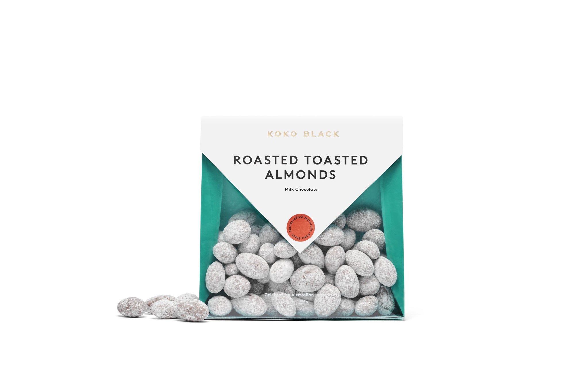 Dusted almonds beside packaging
