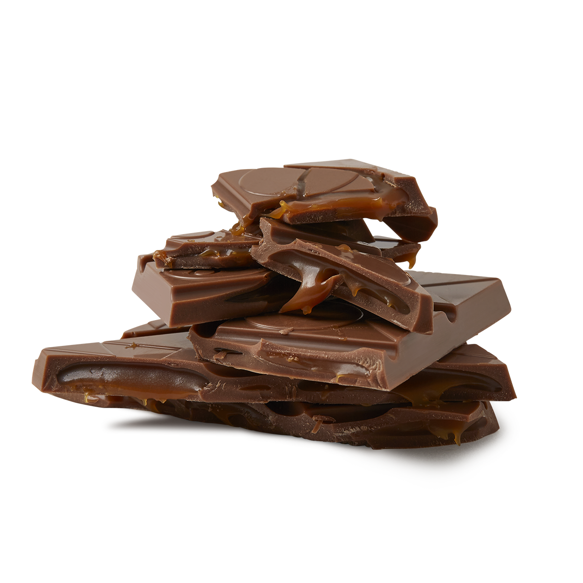 Caramel filled chocolate broken into pieces and stacked together